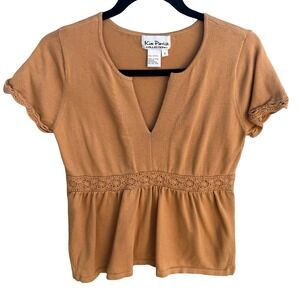Kim Parrish Tan Cotton Knit Empire Waist Crochet Trim Top Boho Cottagecore Small
